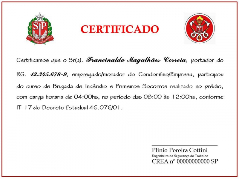 Certificado de Brigada de Incêndio Nossa Senhora do Ó - Brigada de Incêndio